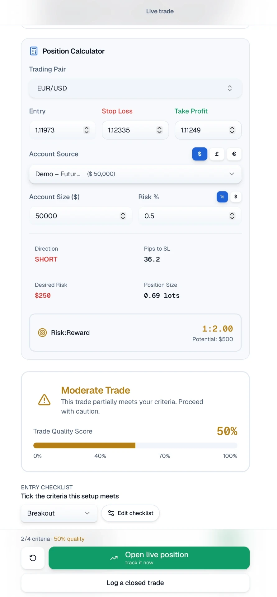 Trakfinity Live trade screen with position calculator, entry checklist and rules check using example data